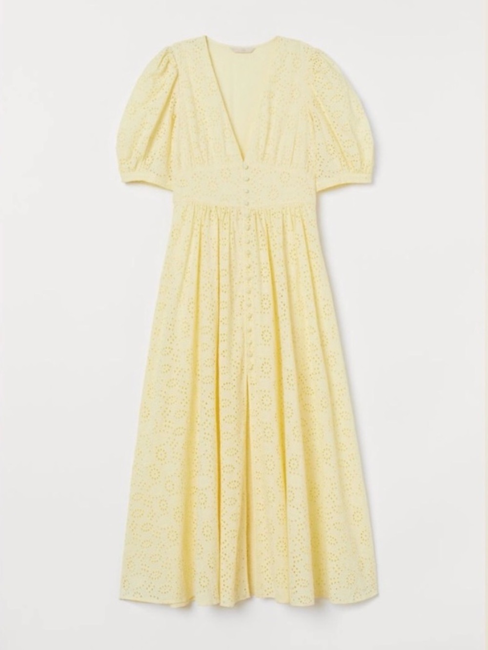 H&M Butter Yellow Embroidered Eyelet Puff-Sleeve Cotton Midi Dress